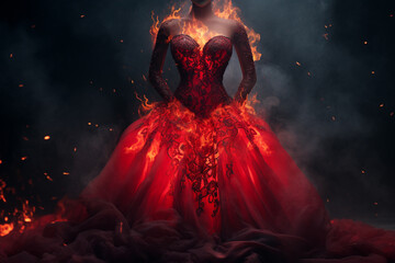An ornate red dress with fiery effects in a dark, smoky setting