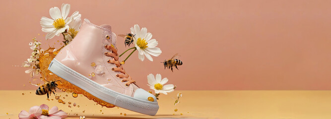Pink sneakers with white soles in a composition with flowers and bees on a plain peach background