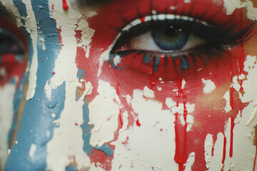 A close-up of a blue eye amidst bold red and white paint strokes.