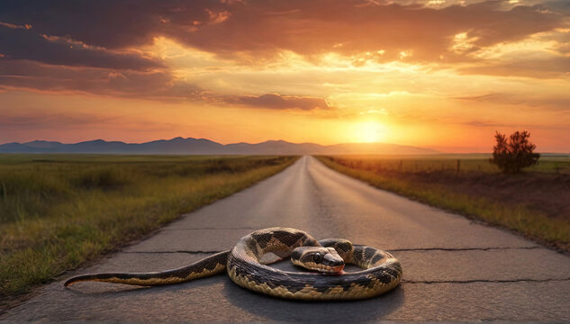 A snake crawls along the road against the background of the sunset