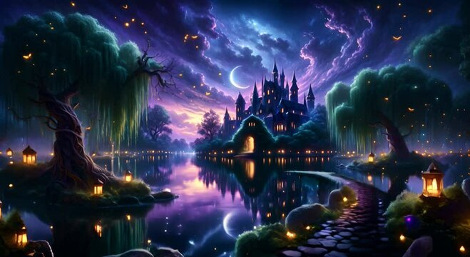 Enchanted fantasy landscape with a castle under a starry night sky over a tranquil lake