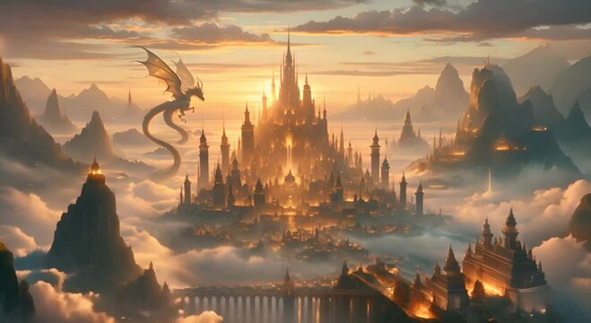 Majestic fantasy cityscape with dragon soaring above illuminated castles among mountains at sunrise