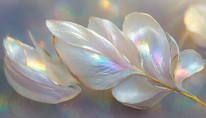 Beautiful iridescent mother of pearl flower. Shiny platinum petals. Clear blurred bokeh background.