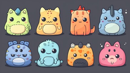 Colorful collection of cute digital pet monsters in various playful poses