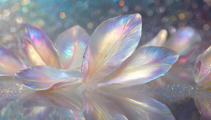 Beautiful iridescent mother of pearl flower. Shiny  multicolor petals. Blurry glittering background.