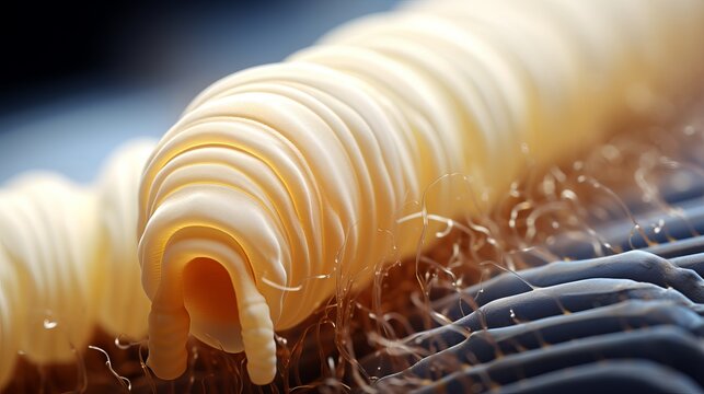 Parasitic worm, beef tapeworm, cestode close up. Macro image of a helminth. Concept of parasitology, medical study, and detailed microscopic imagery.