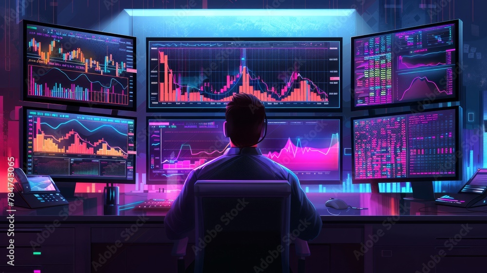 Aufkleber multiple displays of dynamic financial charts and data as a trader works. a stock broker's analytica