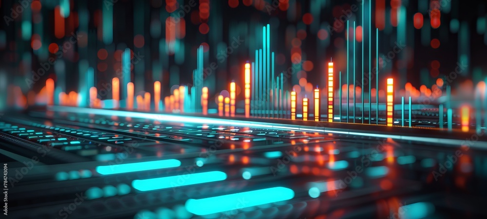 Poster neon-lit financial bar graph on digital interface symbolizing data analysis and market trends. ideal