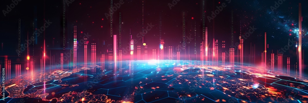 Poster complex financial data analysis with candlestick chart overlay on a cosmic background. suitable for 