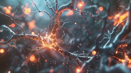 Luminous synapses firing in a neural network. Visualization of brain activity and synaptic transmission. Concept of mental processing, neurology, brain research, and cognitive science. - obrazy, fototapety, plakaty