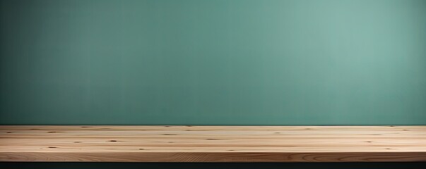 Abstract background with a dark mint green wall and wooden table top for product presentation, wood floor, minimal concept, low key studio shot, high resolution photography 