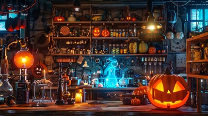 Halloween Steampunk laboratory with glowing jack-o-lantern. Mad scientist's laboratory with Halloween-inspired inventions. Concept of magical experiments, spooky laboratory, Halloween, alchemy - obrazy, fototapety, plakaty