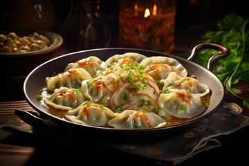 Plate of Vareniki, a classic dish in Ukrainian cooking. Dumplings topped with dill, showcasing...