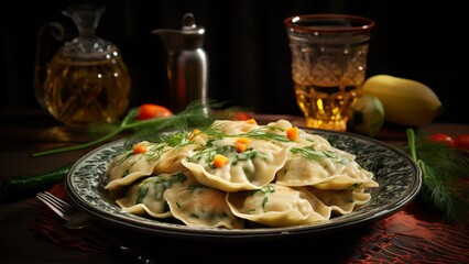 Vareniki dumplings adorned with fresh dill on a decorative plate. Ukrainian Vareniki served with a...