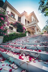 Luxurious Villa Mansion with Rose Petal-Covered Stairs Generative AI
