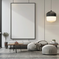 A mockup of an empty poster frame on the wall in a minimally decorated living room, with a grey and white color scheme