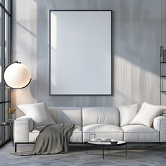 Vertical blank frame mockup in the interior of an industrial style living room