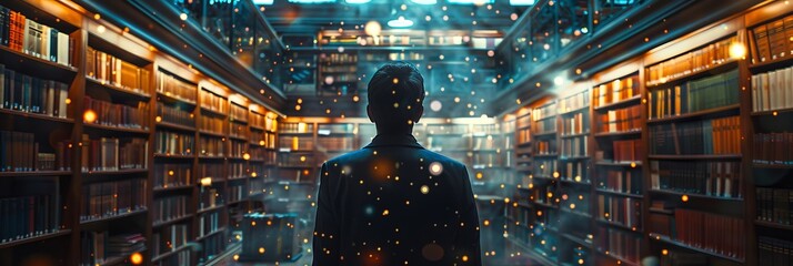 Enchanted library with a man among mystical floating orbs. Illuminated tomes and magical ambiance in a scholarly setting. Concept of wisdom, fantasy literature, academic magic, and dreamlike study.