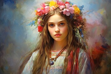 Ukrainian woman wearing a vibrant folkloric wreath. Portrait in national Ukrainian garb. Concept of cultural fashion, ethnic wear, and national pride. Oil painting style illustration