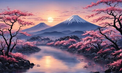 Majestic Mount Fuji in foreground, complemented by delicate backdrop of cherry blossoms in full bloom, tranquility of Japans iconic landscapes. For art, creative projects, fashion, style, magazines.