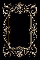 Vintage rococo golden frame isolated on a black background. Decorative baroque style frame with copy space. Concept of classic decoration, ornamental design, and elegant interiors. Mockup. Template
