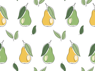 Abstract pear seamless pattern. Yellow green linear garden organic fruit. Simple modern line art illustration. Pattern for packaging design, wallpaper, cover, fabric print