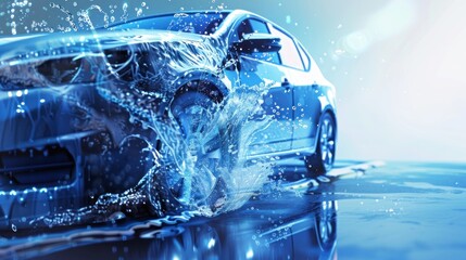 Car wash with many foam soap isolated on blue color background. AI generated image. - obrazy, fototapety, plakaty