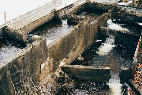 A fish ladder in the Hurdalselva River by Eidsvoll Verk, Norway, in April.