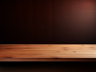 Abstract background with a dark tan wall and wooden table top for product presentation, wood floor, minimal concept, low key studio shot, high resolution photography 