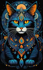 Fantasy vector image of a cat in ethnic patterns, backgrounds for smartphones, basis for printing and design