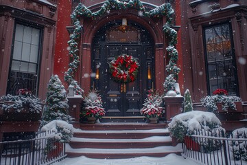 Festive Christmas Decor on Historic NYC Brownstone Entrance Generative AI