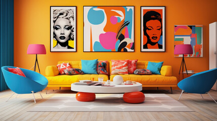 illustration of a modern living room in pop art interior style