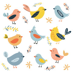 Set of spring birds. Hand-drawn vector cartoon in children's style. Various birds. Images isolated on white.
