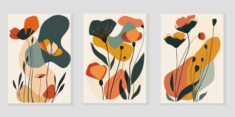 Set of abstract colorful cover backgrounds. Collection of flowers, plants, leaf branches in handmade style. Modern aesthetic illustrated design for wall art, decor, wallpaper, print.