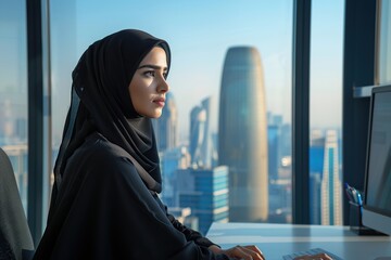 Portrait of young arabian businesswoman in hijab working in the office