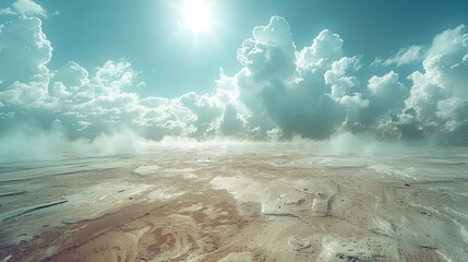 Dramatic sunset over a desolate landscape with rays of light piercing through clouds - obrazy, fototapety, plakaty