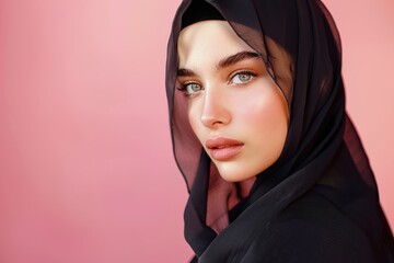 Portrait of young arabian girl in hijab on pink background. Muslim woman