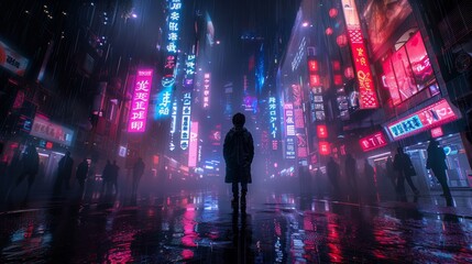 Futuristic cityscape at night with vibrant neon signs and rainy ambiance