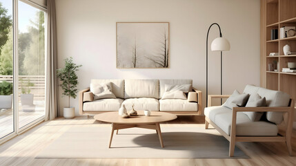 Scandinavian-inspired living room with a light wood couch
