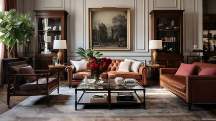 Fototapeta na wymiar living room that blends historical and modern styles, with antique furniture and a sleek coffee table