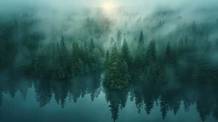 Serene morning fog over a forest lake in Finland, capturing the tranquil beauty of a sunlit landscape - obrazy, fototapety, plakaty