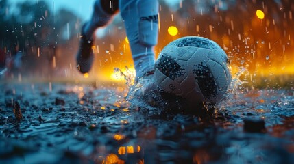 Soccer player dribbling in the rain during an evening game, dramatic spotlight and water splashes