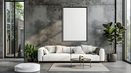 Empty Frame mockup, Modern interior with vertical empty frame, copy space and white sofa on grey background.