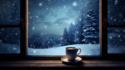 Tafelkleed Gaze out the window at the falling snow while sipping a cup of hot cocoa © Safdar