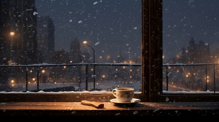 Gaze out the window at the falling snow while sipping a cup of hot cocoa - obrazy, fototapety, plakaty