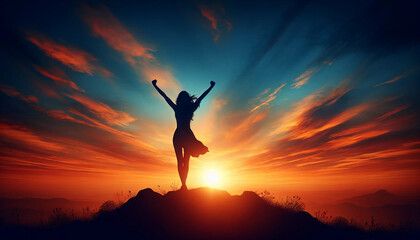 The silhouette of a woman with her arms raised in victory, facing a stunning sunrise wallpaper background