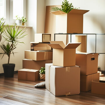 move in boxes stacked on the floor of an apartment with plants and home decor