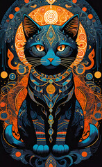 Fantasy vector image of a cat in ethnic patterns, backgrounds for smartphones, basis for printing and design