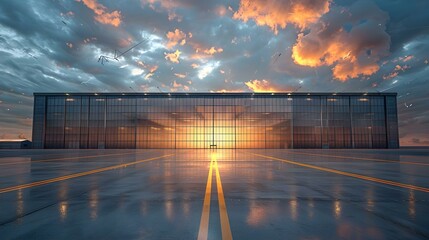 Sunset Symphony at the Hangar. Concept Nature's Canvas Painting, Infinite Summer Skies, Ethereal Dusk Landscape, Vibrant Horizon Colors