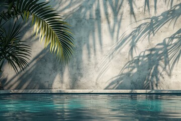 Fototapeta na wymiar Tropical summer background with concrete wall, pool water and palm leaf shadow. Luxury hotel resort exterior for product placement. Outdoor vacation holiday house scene - generative ai